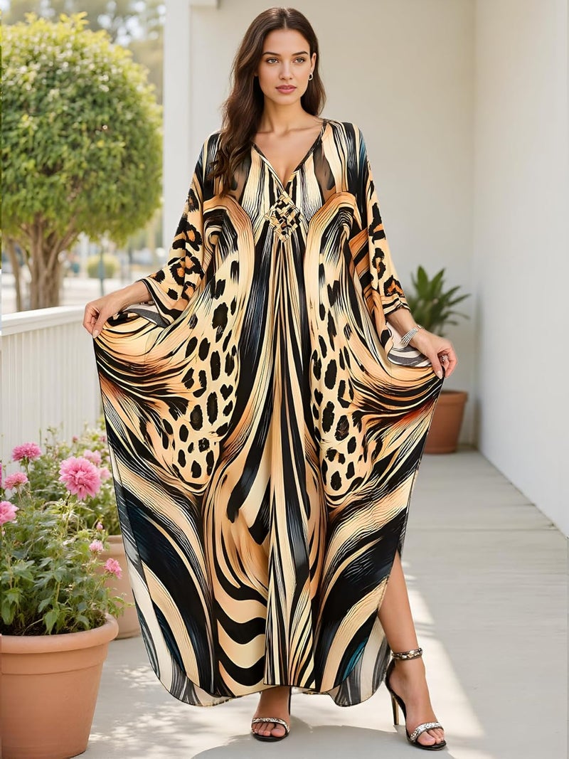 IMAGEKOPE Women's Plus Size Animal Print V-Neck Batwing Kaftan Beach Dress Bathing Suit Cover-Up Loungewear - Image 3